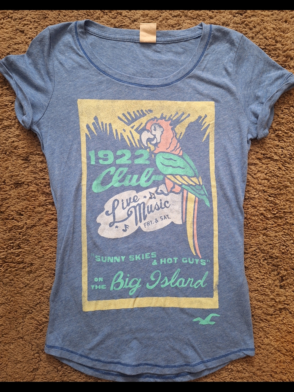 Hollister Blue Tee with Yellow, Green and Coral Parrot Graphic